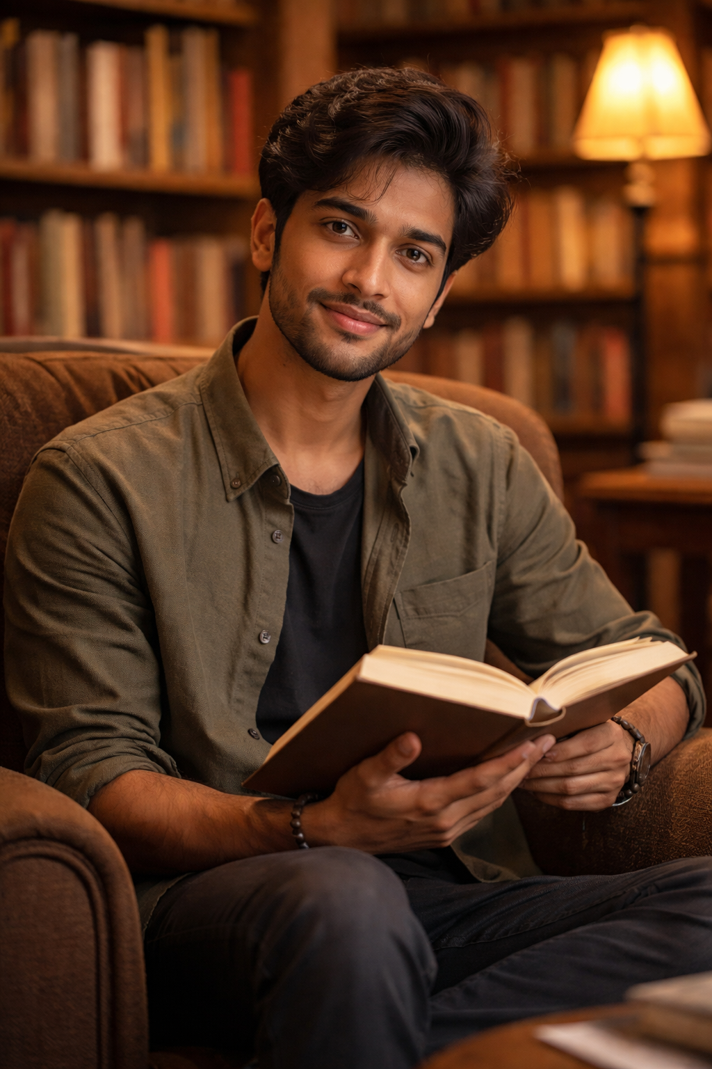 Smiling man in cozy library (1)